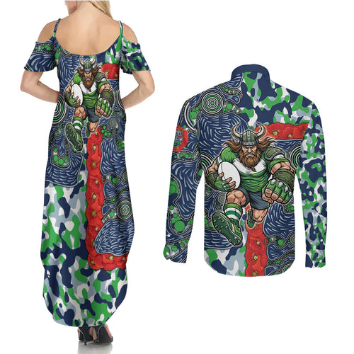 Canberra Raiders ANZAC Couples Matching Summer Maxi Dress and Long Sleeve Button Shirt Indigenous Wave Pattern Poppy Remembrance Viking Warrior