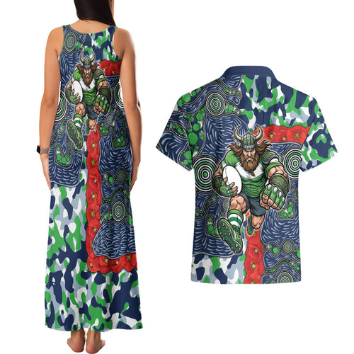 Canberra Raiders ANZAC Couples Matching Tank Maxi Dress and Hawaiian Shirt Indigenous Wave Pattern Poppy Remembrance Viking Warrior