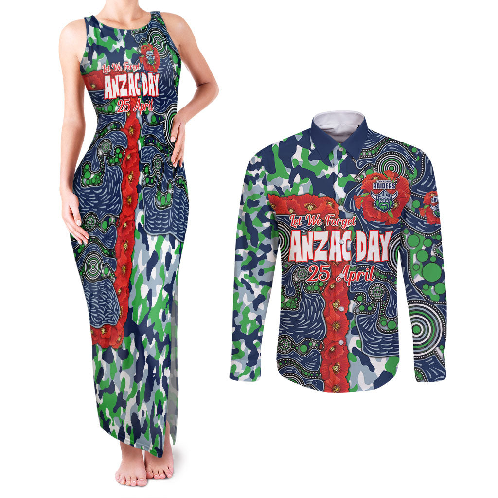 Canberra Raiders ANZAC Couples Matching Tank Maxi Dress and Long Sleeve Button Shirt Indigenous Wave Pattern Poppy Remembrance Viking Warrior