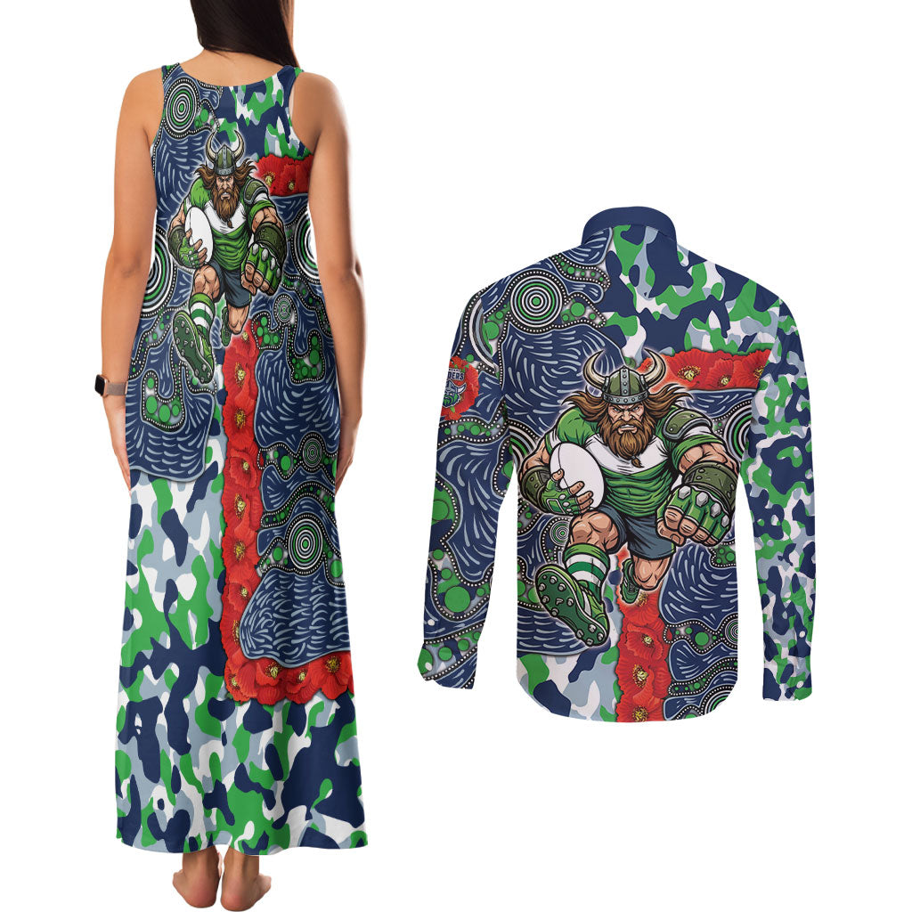 Canberra Raiders ANZAC Couples Matching Tank Maxi Dress and Long Sleeve Button Shirt Indigenous Wave Pattern Poppy Remembrance Viking Warrior