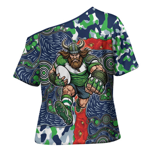 Canberra Raiders ANZAC Cross Shoulder Shirt Indigenous Wave Pattern Poppy Remembrance Viking Warrior
