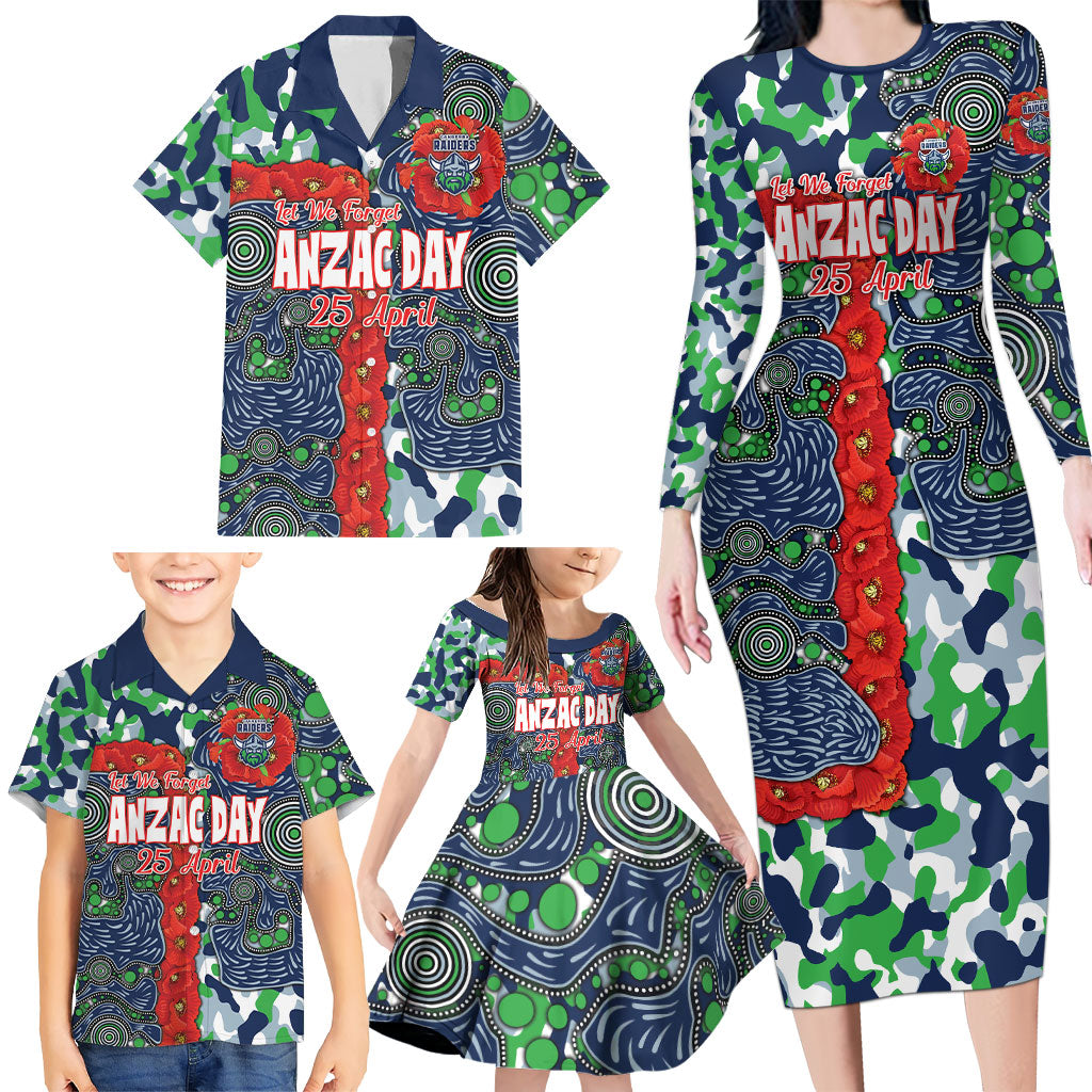 Canberra Raiders ANZAC Family Matching Long Sleeve Bodycon Dress and Hawaiian Shirt Indigenous Wave Pattern Poppy Remembrance Viking Warrior
