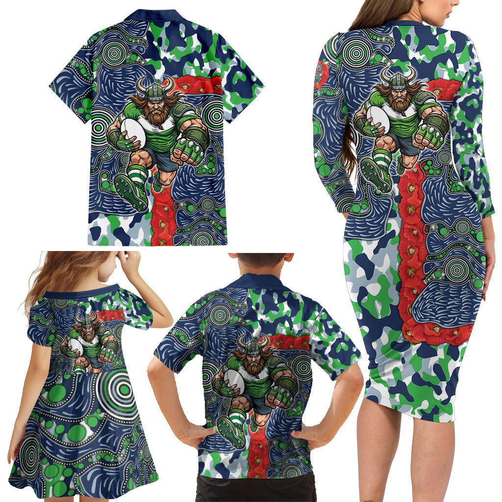 Canberra Raiders ANZAC Family Matching Long Sleeve Bodycon Dress and Hawaiian Shirt Indigenous Wave Pattern Poppy Remembrance Viking Warrior