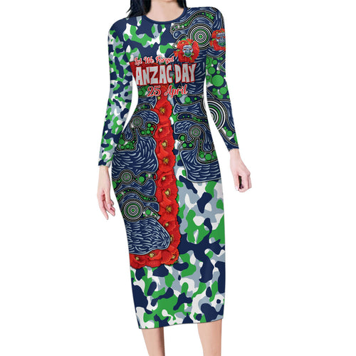 Canberra Raiders ANZAC Family Matching Long Sleeve Bodycon Dress and Hawaiian Shirt Indigenous Wave Pattern Poppy Remembrance Viking Warrior