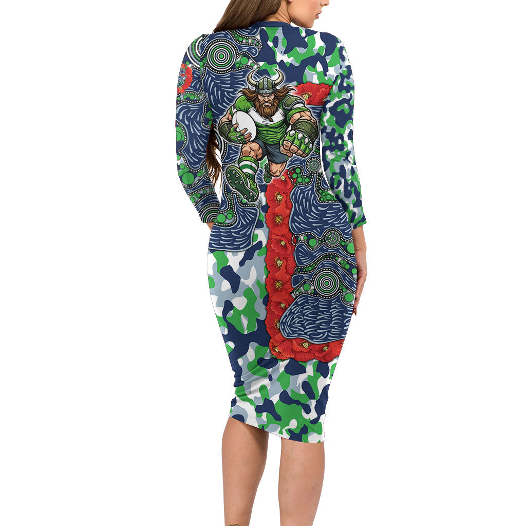 Canberra Raiders ANZAC Family Matching Long Sleeve Bodycon Dress and Hawaiian Shirt Indigenous Wave Pattern Poppy Remembrance Viking Warrior