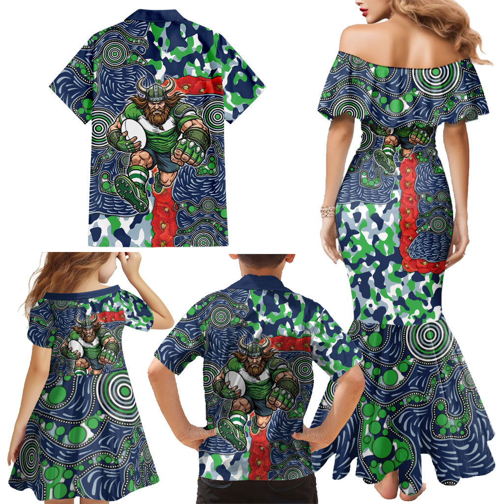 Canberra Raiders ANZAC Family Matching Mermaid Dress and Hawaiian Shirt Indigenous Wave Pattern Poppy Remembrance Viking Warrior