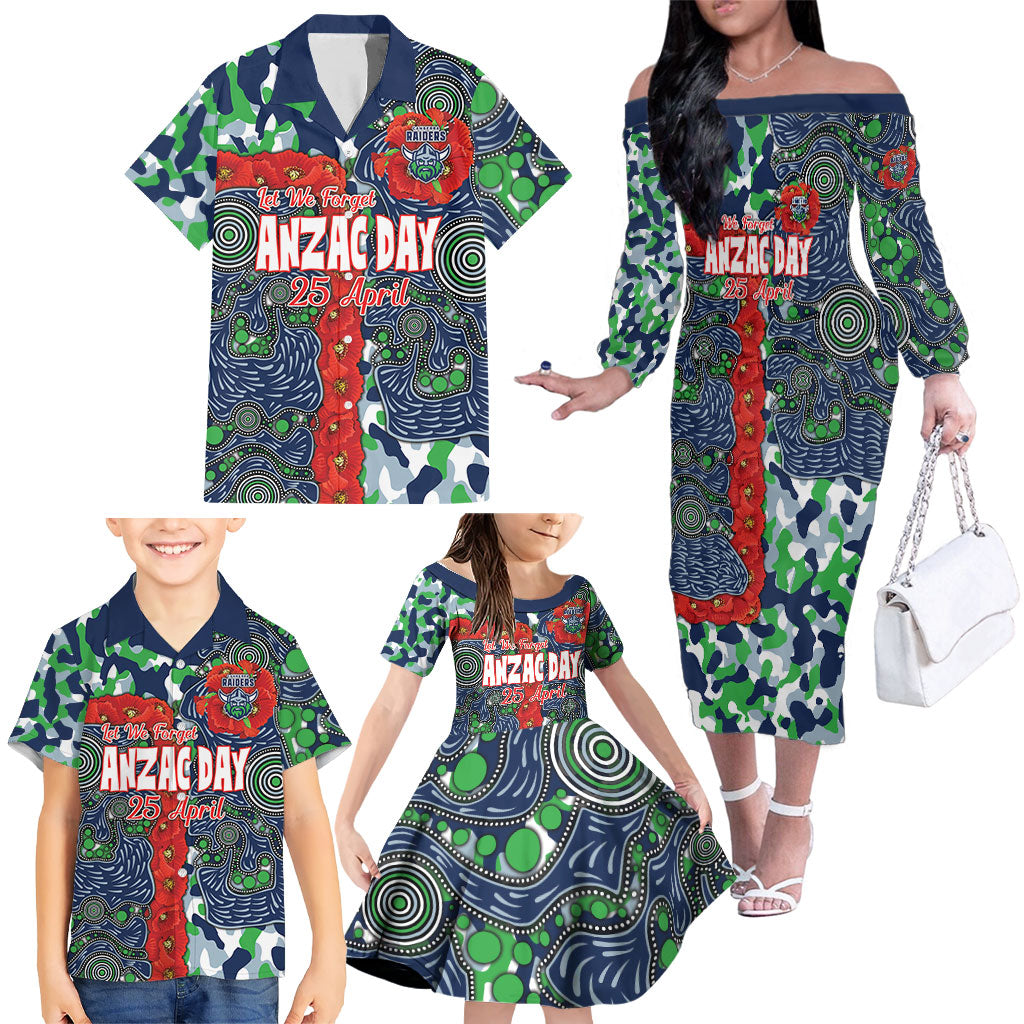 Canberra Raiders ANZAC Family Matching Off The Shoulder Long Sleeve Dress and Hawaiian Shirt Indigenous Wave Pattern Poppy Remembrance Viking Warrior