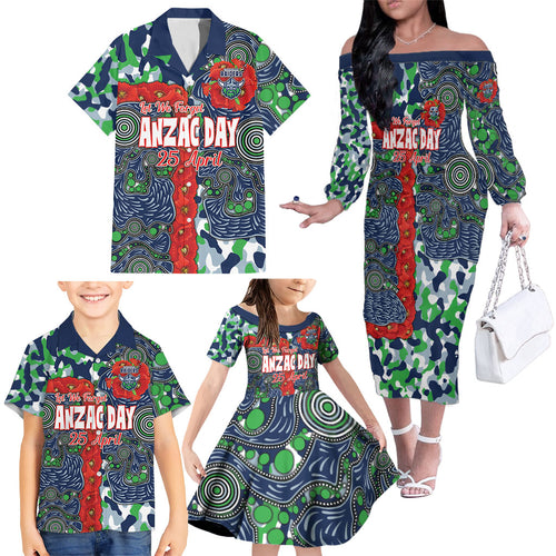 Canberra Raiders ANZAC Family Matching Off The Shoulder Long Sleeve Dress and Hawaiian Shirt Indigenous Wave Pattern Poppy Remembrance Viking Warrior