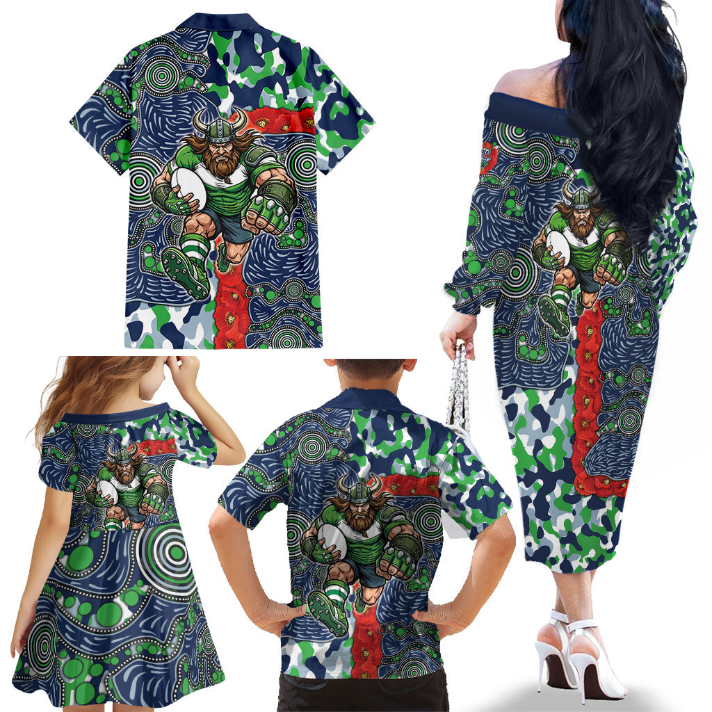 Canberra Raiders ANZAC Family Matching Off The Shoulder Long Sleeve Dress and Hawaiian Shirt Indigenous Wave Pattern Poppy Remembrance Viking Warrior