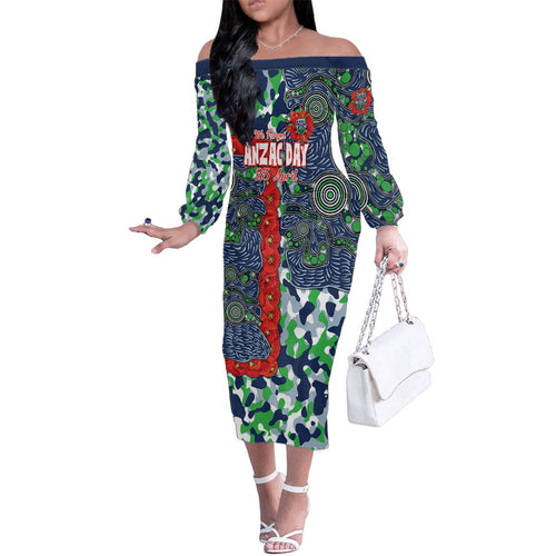 Canberra Raiders ANZAC Family Matching Off The Shoulder Long Sleeve Dress and Hawaiian Shirt Indigenous Wave Pattern Poppy Remembrance Viking Warrior