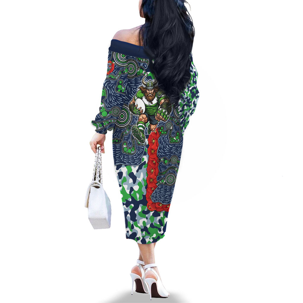 Canberra Raiders ANZAC Family Matching Off The Shoulder Long Sleeve Dress and Hawaiian Shirt Indigenous Wave Pattern Poppy Remembrance Viking Warrior
