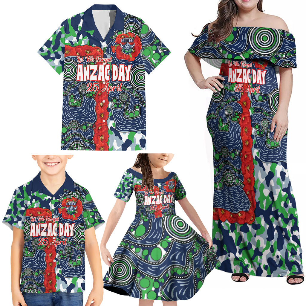 Canberra Raiders ANZAC Family Matching Off Shoulder Maxi Dress and Hawaiian Shirt Indigenous Wave Pattern Poppy Remembrance Viking Warrior