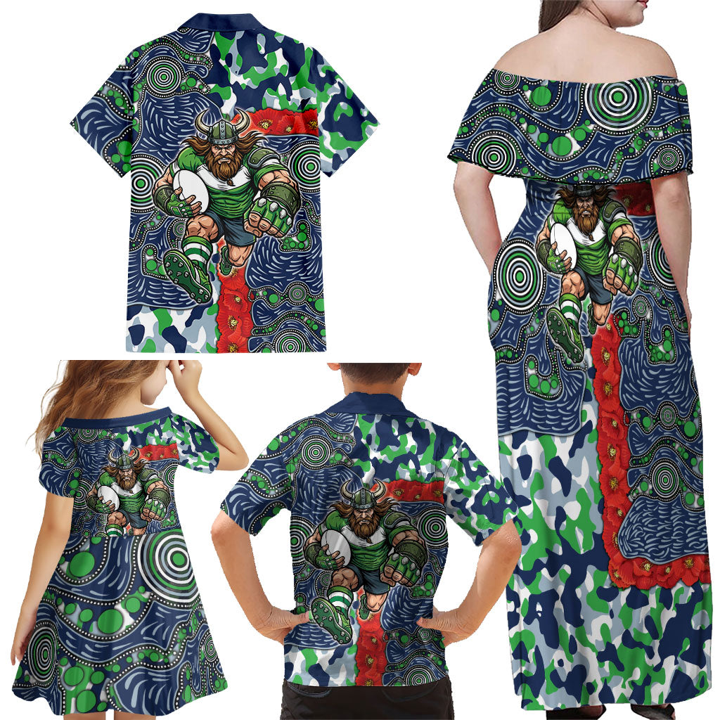 Canberra Raiders ANZAC Family Matching Off Shoulder Maxi Dress and Hawaiian Shirt Indigenous Wave Pattern Poppy Remembrance Viking Warrior