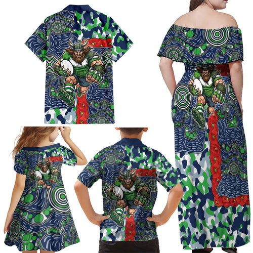Canberra Raiders ANZAC Family Matching Off Shoulder Maxi Dress and Hawaiian Shirt Indigenous Wave Pattern Poppy Remembrance Viking Warrior