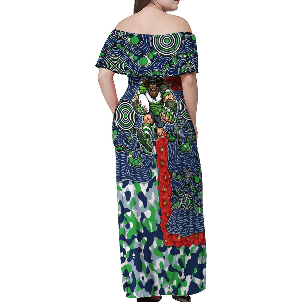 Canberra Raiders ANZAC Family Matching Off Shoulder Maxi Dress and Hawaiian Shirt Indigenous Wave Pattern Poppy Remembrance Viking Warrior