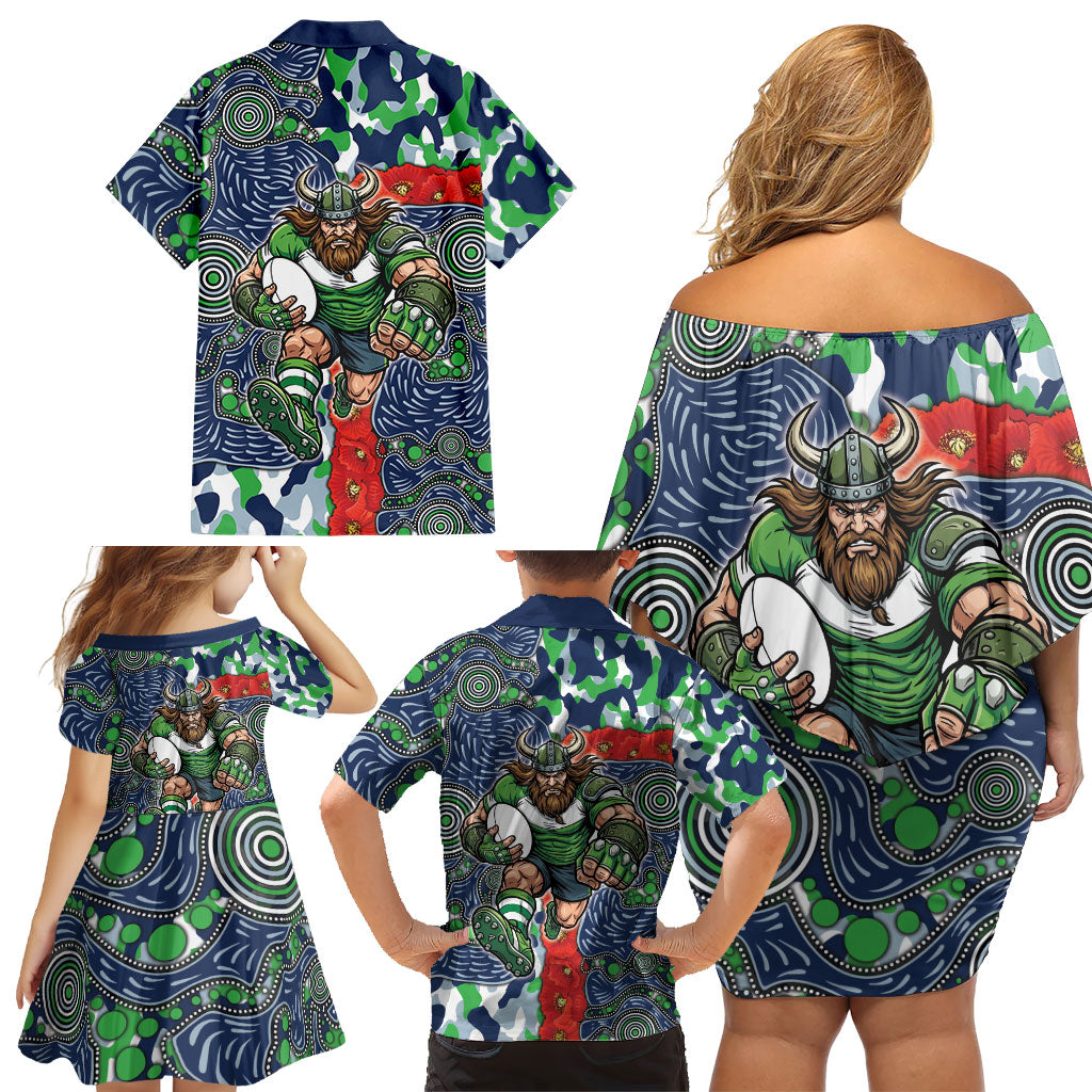 Canberra Raiders ANZAC Family Matching Off Shoulder Short Dress and Hawaiian Shirt Indigenous Wave Pattern Poppy Remembrance Viking Warrior
