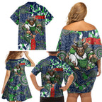 Canberra Raiders ANZAC Family Matching Off Shoulder Short Dress and Hawaiian Shirt Indigenous Wave Pattern Poppy Remembrance Viking Warrior