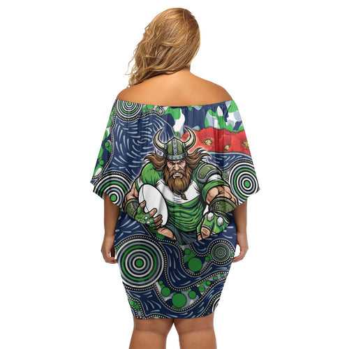 Canberra Raiders ANZAC Family Matching Off Shoulder Short Dress and Hawaiian Shirt Indigenous Wave Pattern Poppy Remembrance Viking Warrior