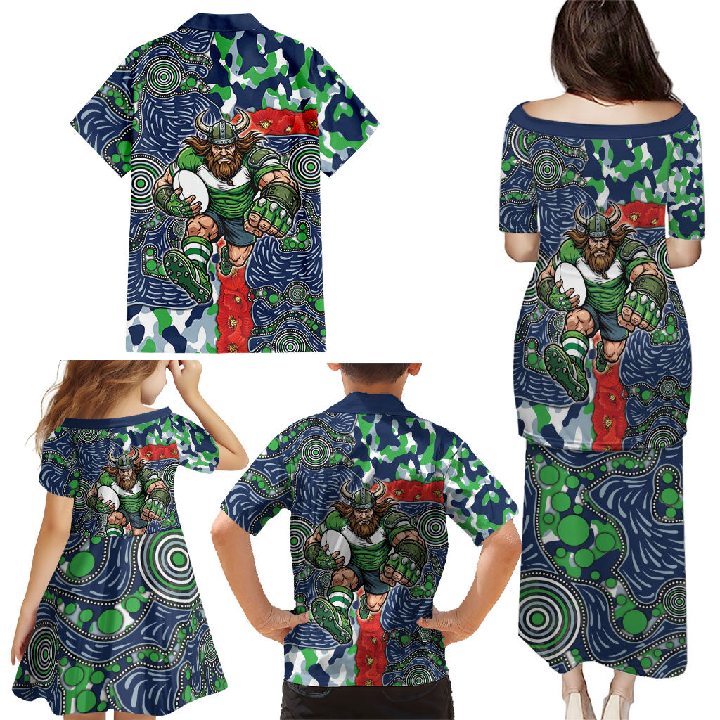 Canberra Raiders ANZAC Family Matching Puletasi and Hawaiian Shirt Indigenous Wave Pattern Poppy Remembrance Viking Warrior