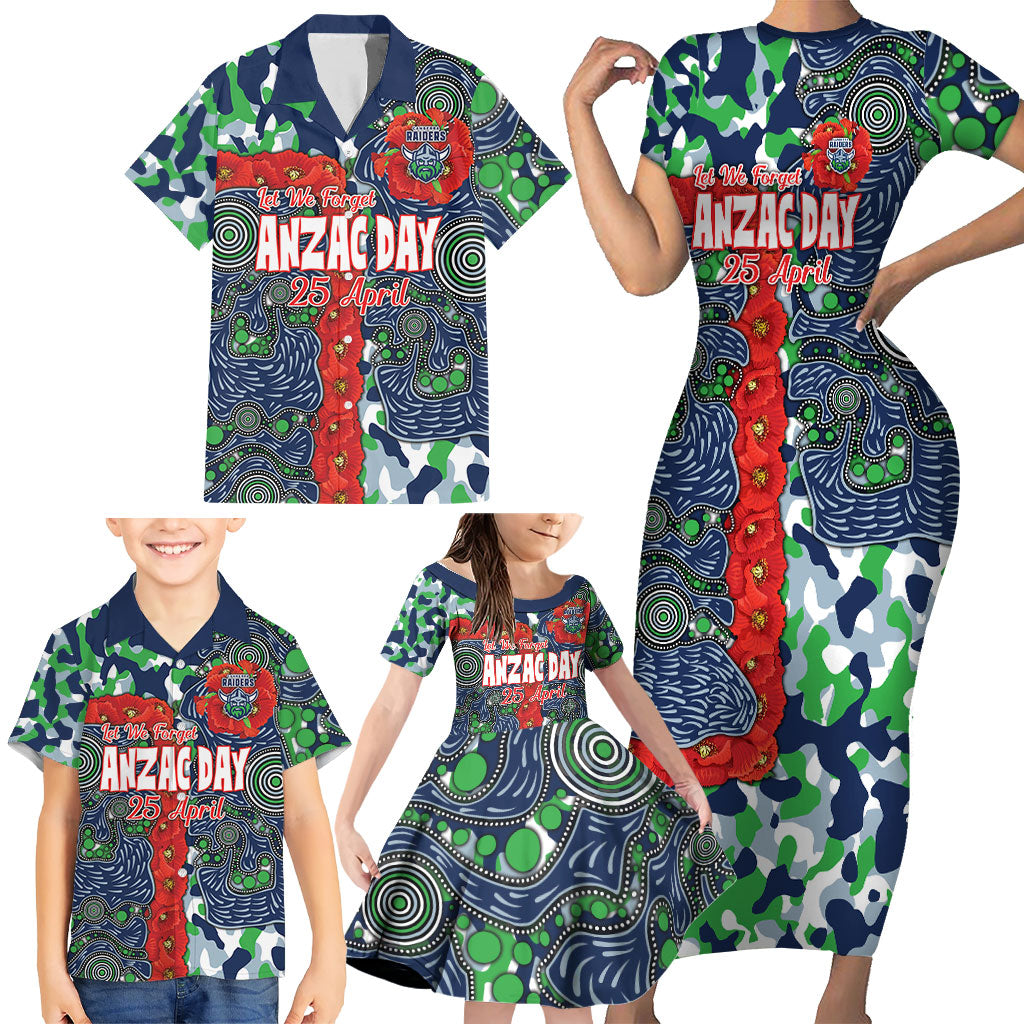 Canberra Raiders ANZAC Family Matching Short Sleeve Bodycon Dress and Hawaiian Shirt Indigenous Wave Pattern Poppy Remembrance Viking Warrior