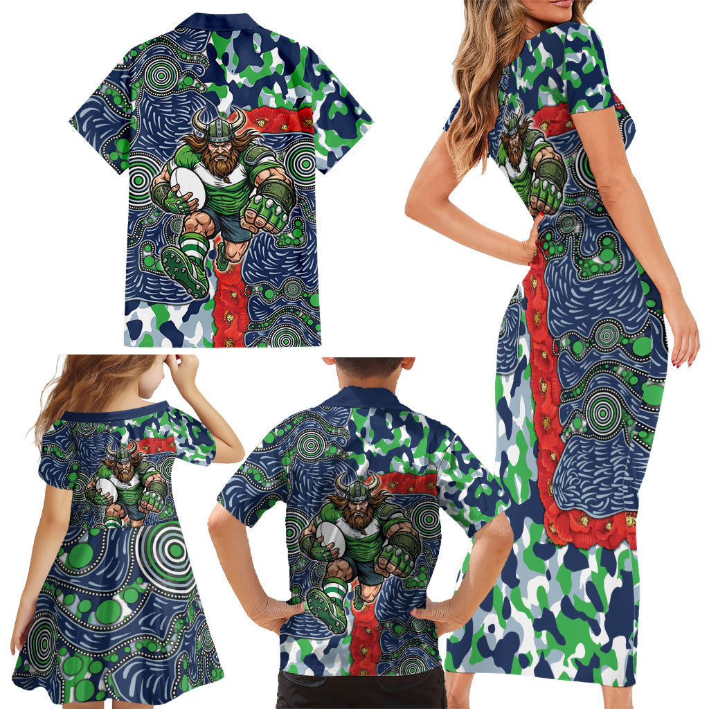 Canberra Raiders ANZAC Family Matching Short Sleeve Bodycon Dress and Hawaiian Shirt Indigenous Wave Pattern Poppy Remembrance Viking Warrior