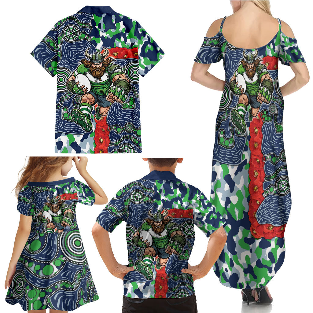 Canberra Raiders ANZAC Family Matching Summer Maxi Dress and Hawaiian Shirt Indigenous Wave Pattern Poppy Remembrance Viking Warrior