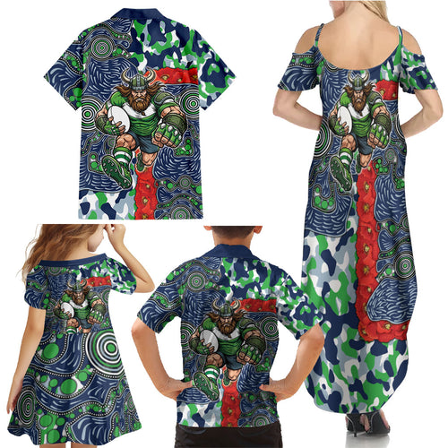Canberra Raiders ANZAC Family Matching Summer Maxi Dress and Hawaiian Shirt Indigenous Wave Pattern Poppy Remembrance Viking Warrior