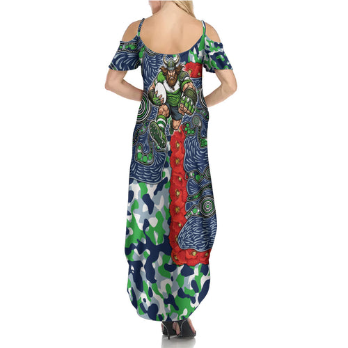 Canberra Raiders ANZAC Family Matching Summer Maxi Dress and Hawaiian Shirt Indigenous Wave Pattern Poppy Remembrance Viking Warrior