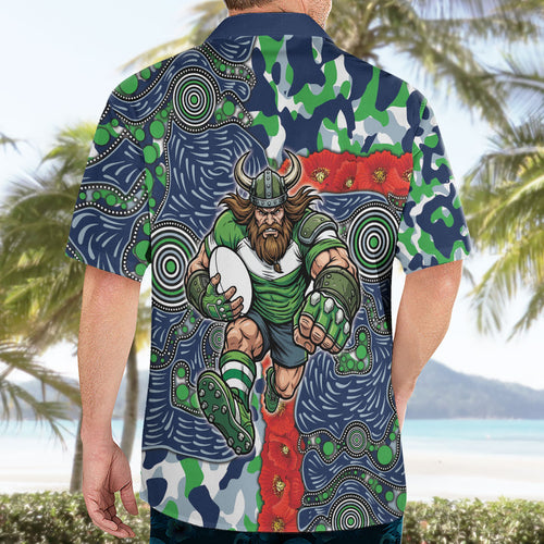 Canberra Raiders ANZAC Hawaiian Shirt Indigenous Wave Pattern Poppy Remembrance Viking Warrior