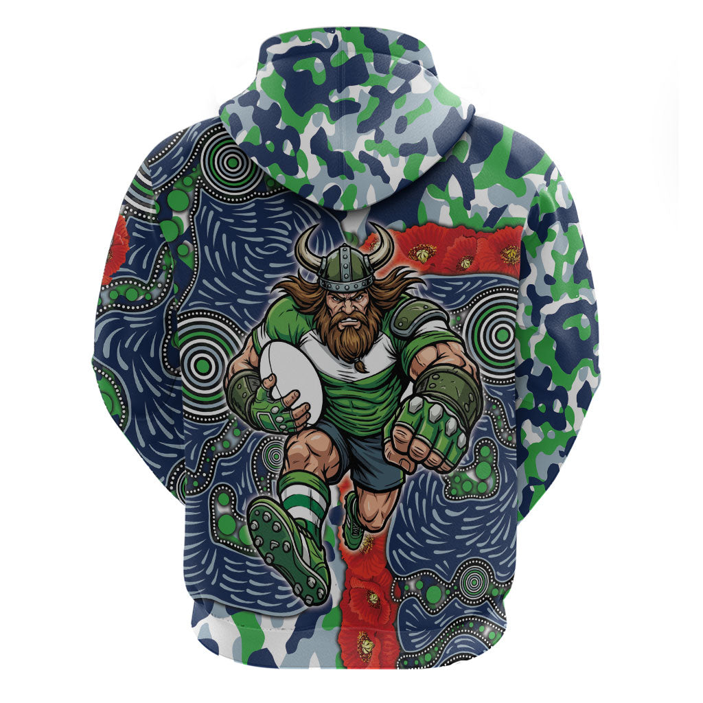 Canberra Raiders ANZAC Hoodie Indigenous Wave Pattern Poppy Remembrance Viking Warrior