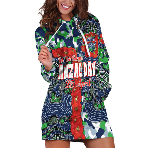 Canberra Raiders ANZAC Hoodie Dress Indigenous Wave Pattern Poppy Remembrance Viking Warrior