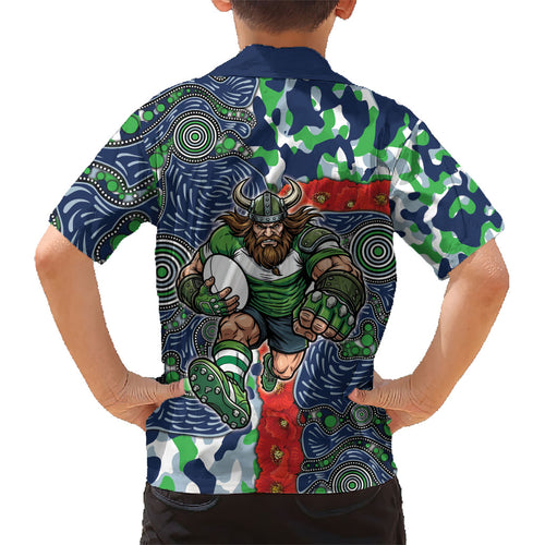 Canberra Raiders ANZAC Kid Hawaiian Shirt Indigenous Wave Pattern Poppy Remembrance Viking Warrior
