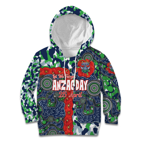 Canberra Raiders ANZAC Kid Hoodie Indigenous Wave Pattern Poppy Remembrance Viking Warrior
