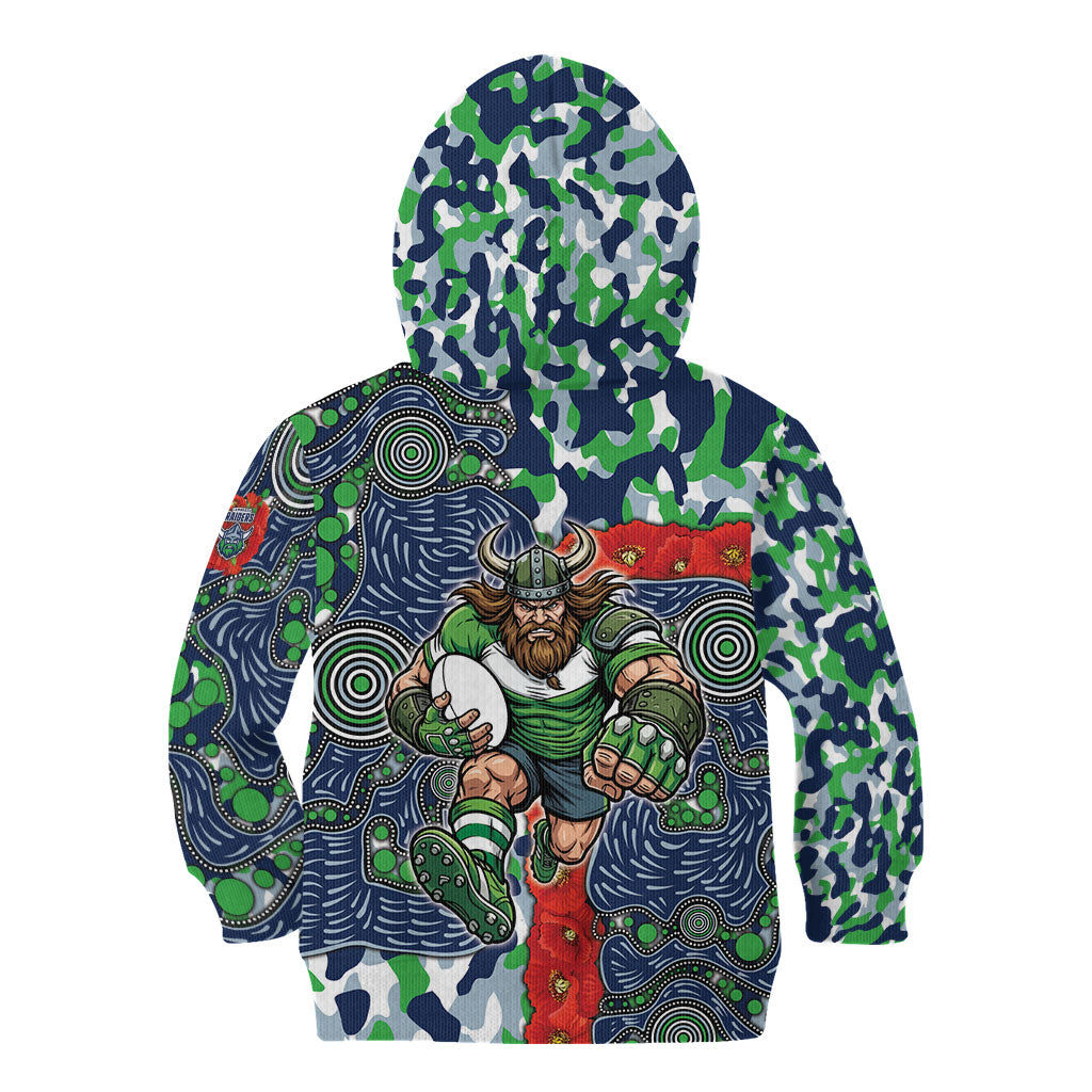 Canberra Raiders ANZAC Kid Hoodie Indigenous Wave Pattern Poppy Remembrance Viking Warrior