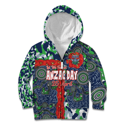 Canberra Raiders ANZAC Kid Hoodie Indigenous Wave Pattern Poppy Remembrance Viking Warrior