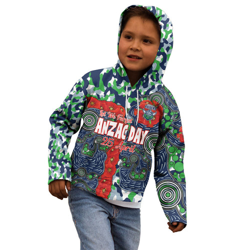 Canberra Raiders ANZAC Kid Hoodie Indigenous Wave Pattern Poppy Remembrance Viking Warrior