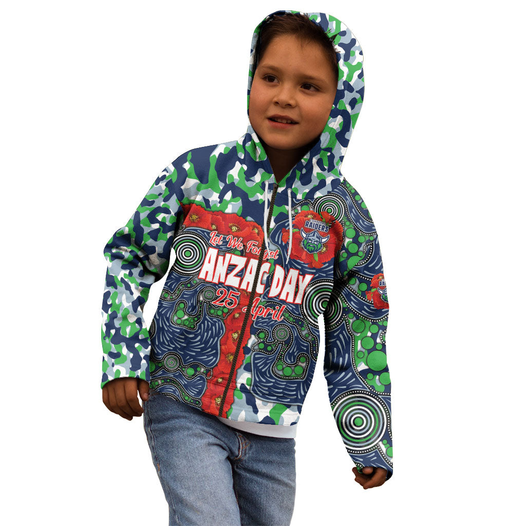 Canberra Raiders ANZAC Kid Hoodie Indigenous Wave Pattern Poppy Remembrance Viking Warrior