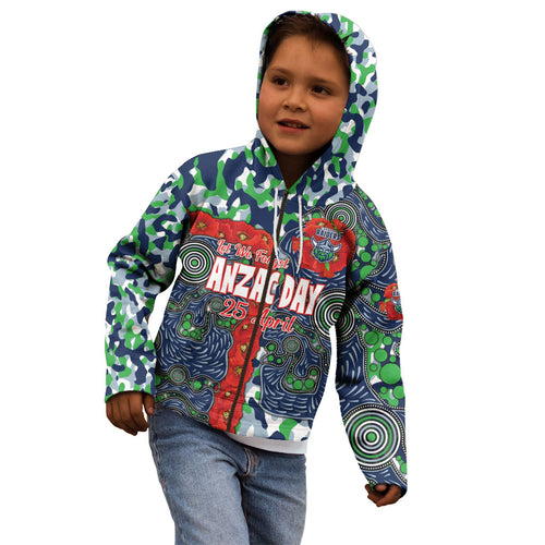 Canberra Raiders ANZAC Kid Hoodie Indigenous Wave Pattern Poppy Remembrance Viking Warrior