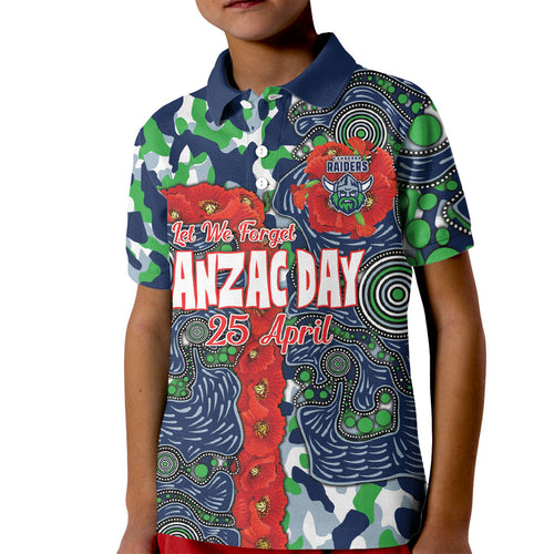 Canberra Raiders ANZAC Kid Polo Shirt Indigenous Wave Pattern Poppy Remembrance Viking Warrior
