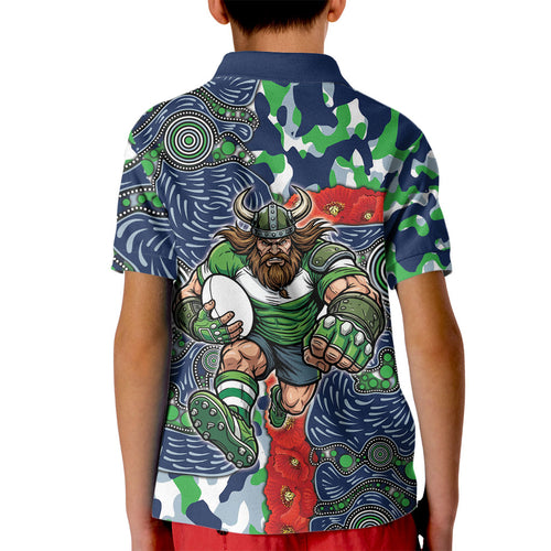 Canberra Raiders ANZAC Kid Polo Shirt Indigenous Wave Pattern Poppy Remembrance Viking Warrior