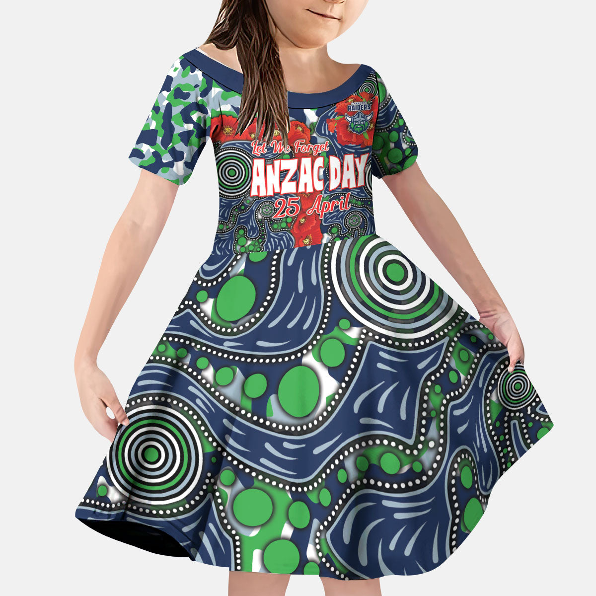 Canberra Raiders ANZAC Kid Short Sleeve Dress Indigenous Wave Pattern Poppy Remembrance Viking Warrior
