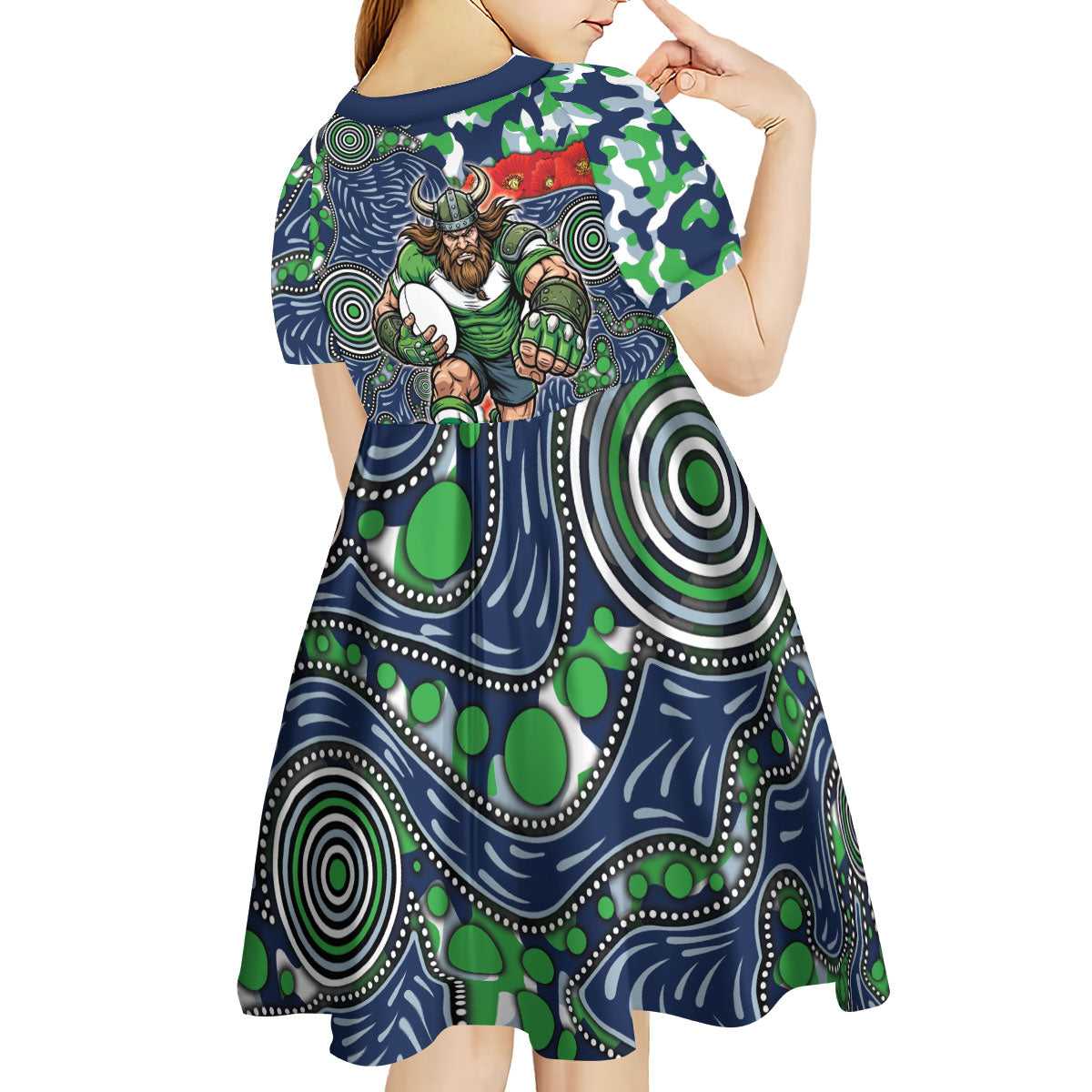Canberra Raiders ANZAC Kid Short Sleeve Dress Indigenous Wave Pattern Poppy Remembrance Viking Warrior