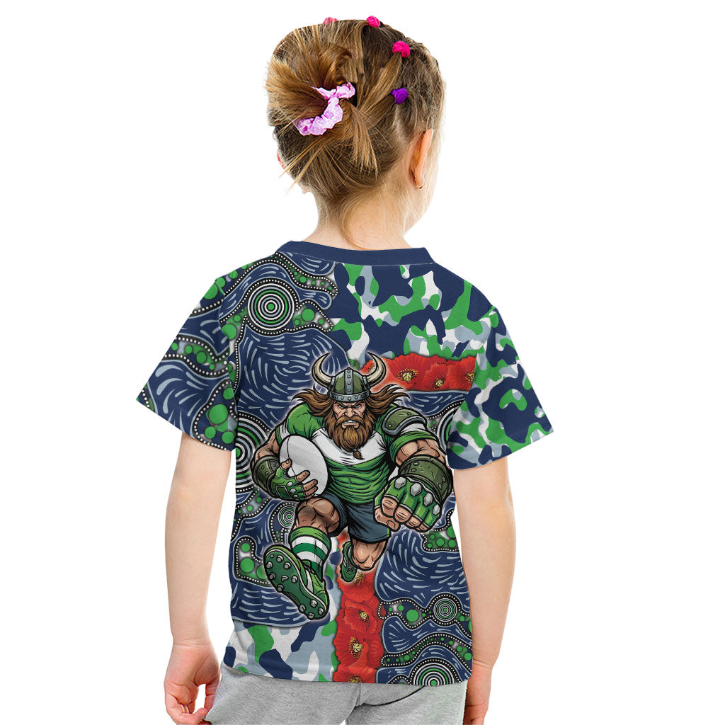Canberra Raiders ANZAC Kid T Shirt Indigenous Wave Pattern Poppy Remembrance Viking Warrior