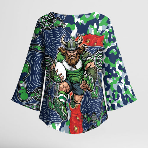Canberra Raiders ANZAC Kimono Sleeve Blouse Indigenous Wave Pattern Poppy Remembrance Viking Warrior