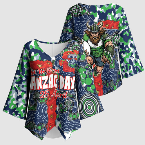 Canberra Raiders ANZAC Kimono Sleeve Blouse Indigenous Wave Pattern Poppy Remembrance Viking Warrior