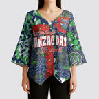 Canberra Raiders ANZAC Kimono Sleeve Blouse Indigenous Wave Pattern Poppy Remembrance Viking Warrior