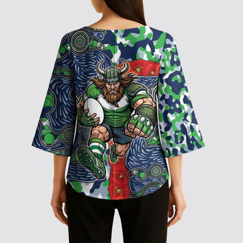 Canberra Raiders ANZAC Kimono Sleeve Blouse Indigenous Wave Pattern Poppy Remembrance Viking Warrior