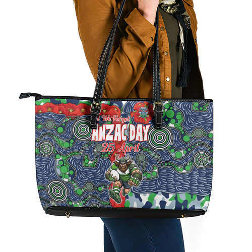 Canberra Raiders ANZAC Leather Tote Bag Indigenous Wave Pattern Poppy Remembrance Viking Warrior