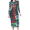 Canberra Raiders ANZAC Long Sleeve Bodycon Dress Indigenous Wave Pattern Poppy Remembrance Viking Warrior