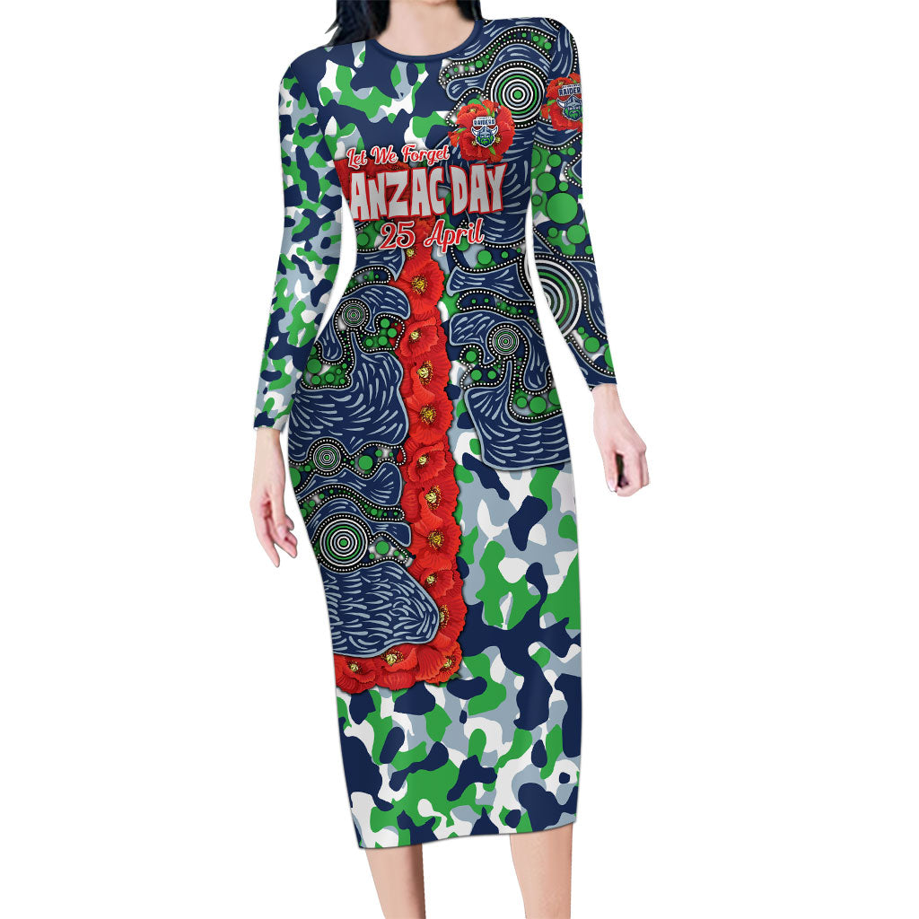 Canberra Raiders ANZAC Long Sleeve Bodycon Dress Indigenous Wave Pattern Poppy Remembrance Viking Warrior